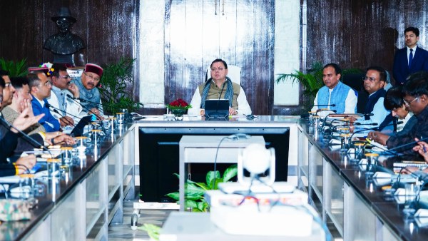 Uttarakhand CM Pushkar Singh Dhami With Officials at Secretariat