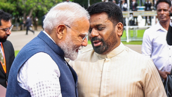 Prime Minister Narendra Modi being greeted by Sri Lankan President Anura Kumara Dissanayake during the former s ceremonial welcome at the Independence Square in Colombo Sri Lanka