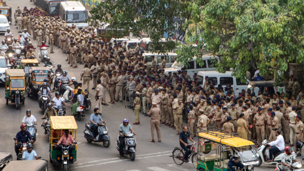 Police personnel take out a route march ahead of the Ram Navami procession in Nagpur Maharashtra Friday April 4 2025