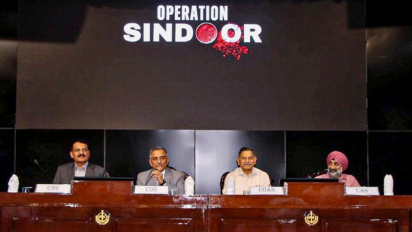 Chief of Defence Staff General Anil Chauhan Army Chief General Upendra Dwivedi Navy Chief Admiral Dinesh K Tripathi and Chief of the Air Staff Air Chief Marshal AP Singh during a meeting on Operation Sindoor