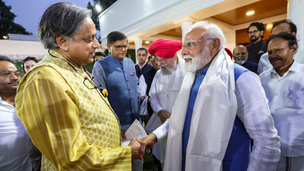 Prime Minister Narendra Modi meets Congress MP Shashi Tharoor who led a multi-party delegation for a five-nation visit at his residence in New Delhi Tuesday June 10 2025 PM Modi hosted members of various delegations who went to multiple countries
