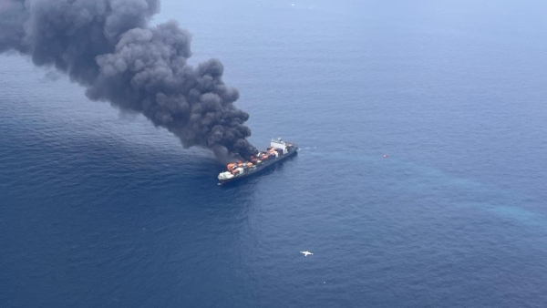 A cargo ship catches fire off the coast of Beypore in Kozhikode