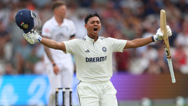 Yashasvi Jaiswal celebrates after scoring a century during the play on day one of the first cricket test match between England and India at Headingley in Leeds England Friday June 20 2025