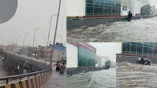 Hyderabad Flyover Turns Into Swimming Pool After Rain Videos Spark Outrage