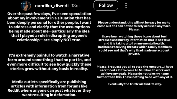 Choreographer Nandika Dwivedi Breaks Silence on Rumours Linking Her to Smriti Mandhana-Palaash Wedding Delay