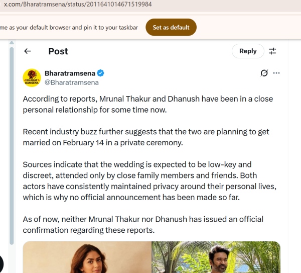 Dhanush To Marry Mrunal Thakur On Feb 14 Viral Post Triggers Wedding Rumours
