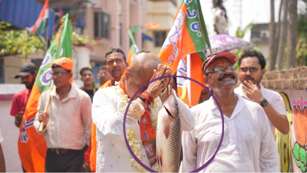 BJP candidate Kaustav Bagchi campaigning with fish in hand on Poila Boishakh BJP candidate Kaustav Bagchi campaigning with fish in hand on Poila Boishakh