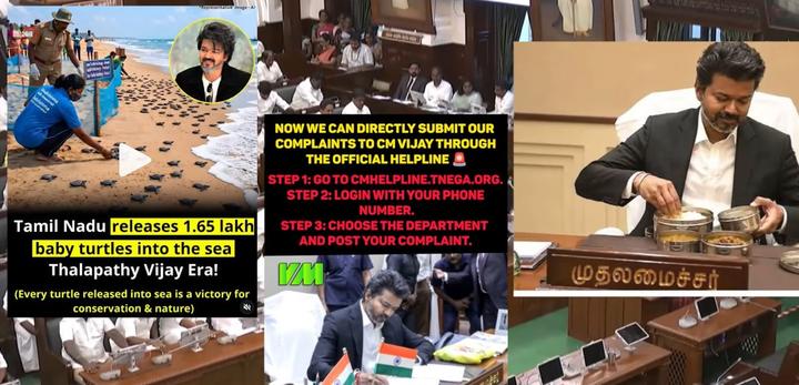Collage of viral social media posts about Vijay government