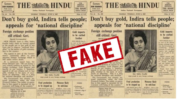 Indira Gandhi Don t Buy Gold Front Page Is Fake