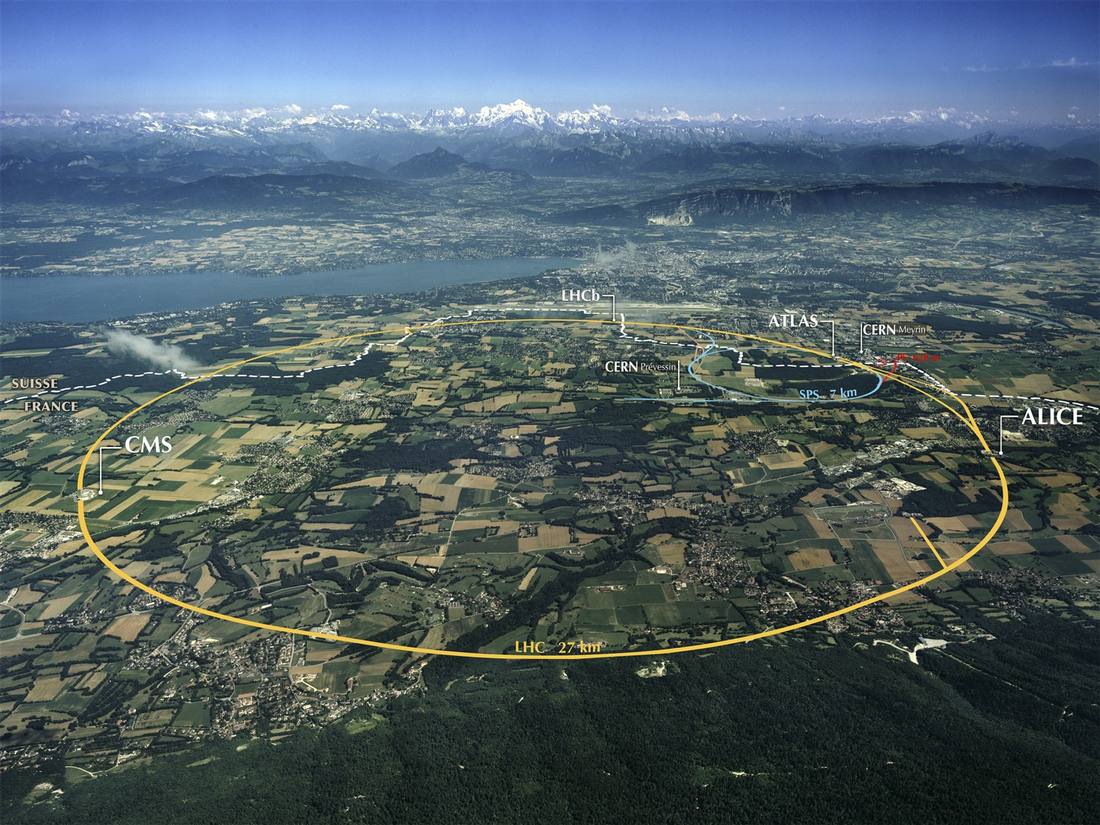 Aerial photo of the Geneva region with the 27-km LHC ring and ATLAS CMS ALICE and LHCb detector locations overlaid French Alps in the background Aerial photo of the Geneva region with the 27-km LHC ring and ATLAS CMS ALICE and LHCb detector locations overlaid French Alps in the background