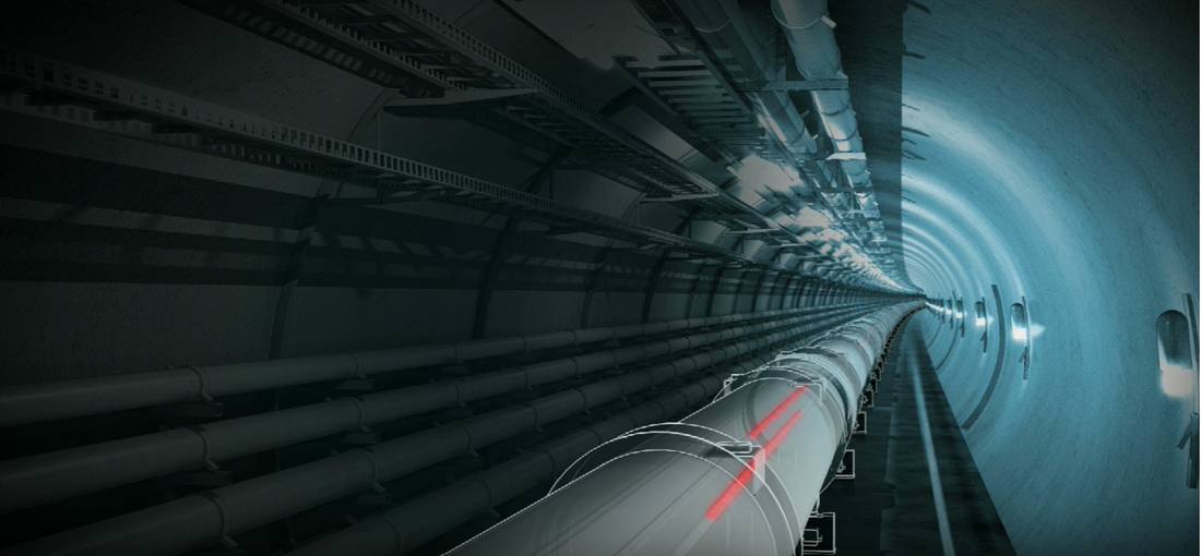 Artistic rendering of the LHC tunnel showing two proton beams as glowing red lines travelling toward a collision point Artistic rendering of the LHC tunnel showing two proton beams as glowing red lines travelling toward a collision point