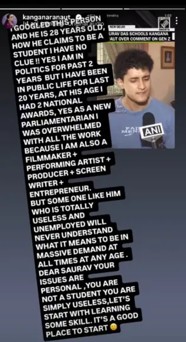 Kangana Insta story for Saurav Das