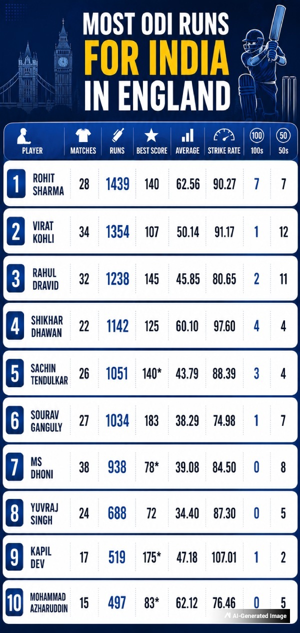 Most ODI Runs By Indian Batters in England