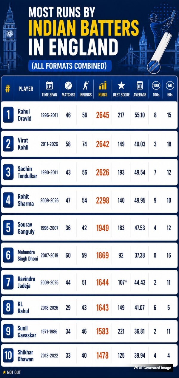 Most Runs Indian Batters in England