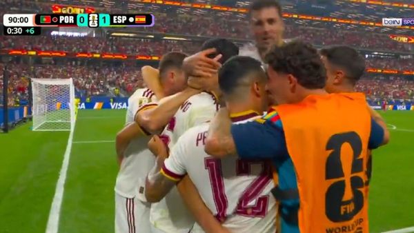 Mikel Merino celebrates his late goal for Spain