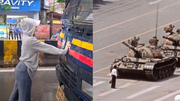 Students protest viral video and the Tank Man picture Students protest viral video and the Tank Man picture