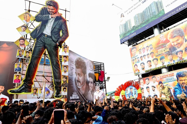 A huge cutout hoardings and posters of Tamil Nadu Chief Minister and actor Joseph Vijay installed as fans celebrate the theatrical release of his film Jana Nayagan in Chennai Thursday July 23 2026