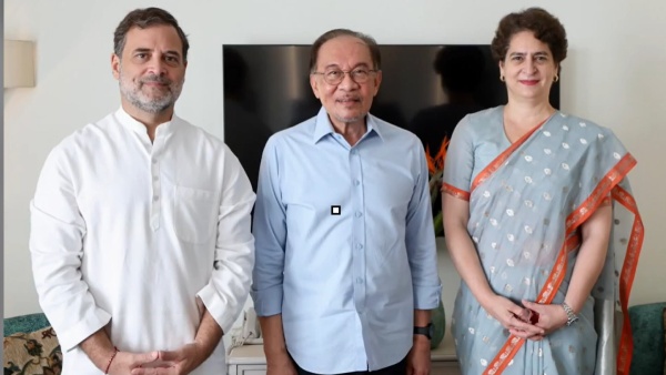 Congress leaders Rahul Gandhi Priyanka Gandhi with Malaysia PM Anwar Ibrahim