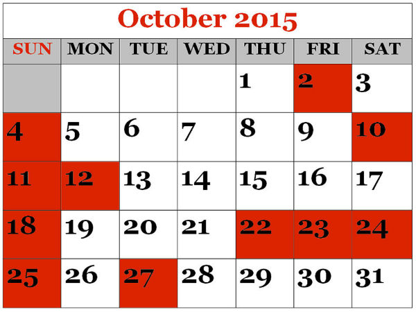 Series of Holidays and long weekends in October 2015 Series of Holidays and long weekends in October 2015