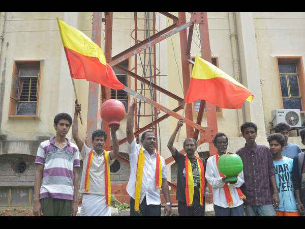 BSNL tower climbed by Karnataka rakshana vedike protesters