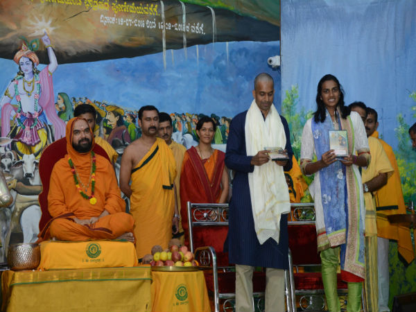 Olympics Silver Medal winner P V Sindhu and her coach Gopichand visited Ramachandrapura Math