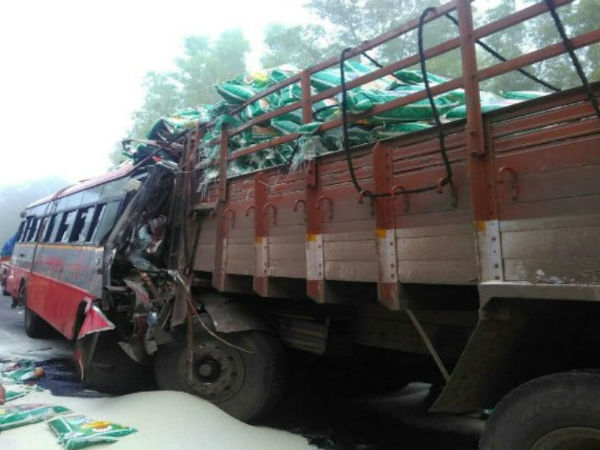 Rice bags taken away by people from accident place in Hunsur