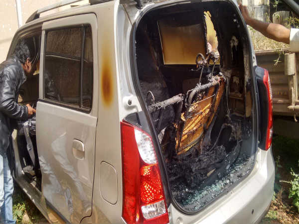 perpetrators torched on rss leader's car in kodagu perpetrators torched on rss leader's car in kodagu