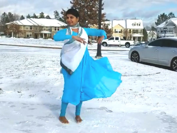 Beauty of winter and pleasure of dancing on first snowfall