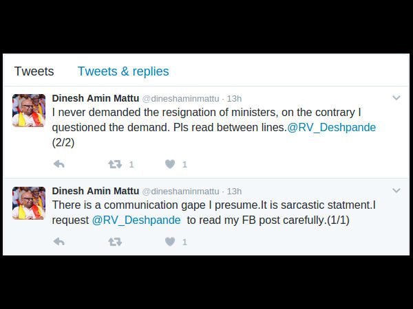 ಸಚಿವ ದೇಶಪಾಂಡೆ ಏಟಿಗೆ ಉಲ್ಟಾ