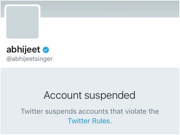 Singer Abhijeet Bhattacharya's Twitter account suspended for offensive tweets Singer Abhijeet Bhattacharya's Twitter account suspended for offensive tweets