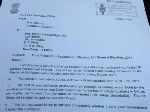 Shobha Karandlaje nominated as Parliamentary Observer in the election of UK Parliament