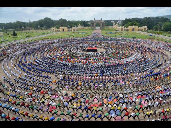 Longest yoga chain rehearsal held at Mysuru Palace premise on June 17th Longest yoga chain rehearsal held at Mysuru Palace premise on June 17th