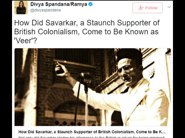An Open letter to Former MP Ramya from a fan about her tweet on Veer Savarkar