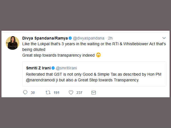 Congress Leader, actress Ramya takes dig at Smriti Irani in Twitter