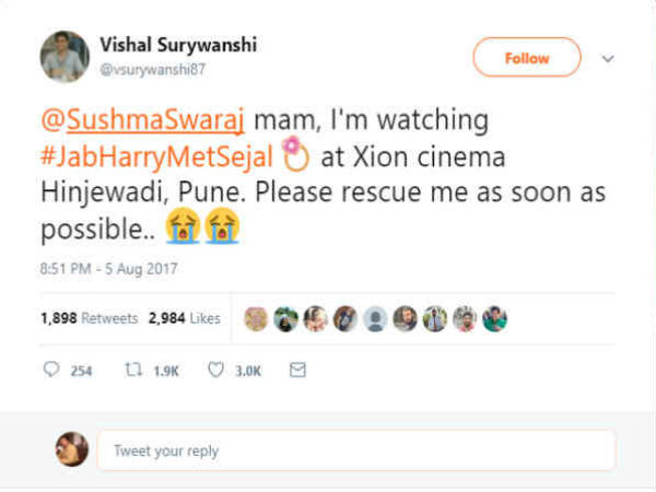 Rescue Me, Man Watching Shah Rukh Khan movie Tweets Sushma Swaraj Rescue Me, Man Watching Shah Rukh Khan movie Tweets Sushma Swaraj