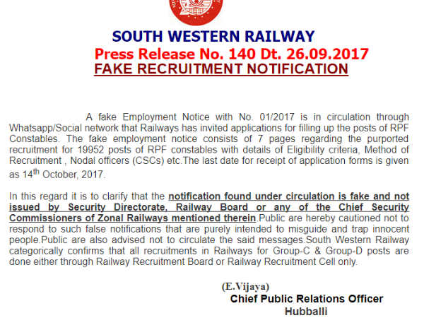 19952 posts of RPF constables recruitment notification fake-south western railway confirm 