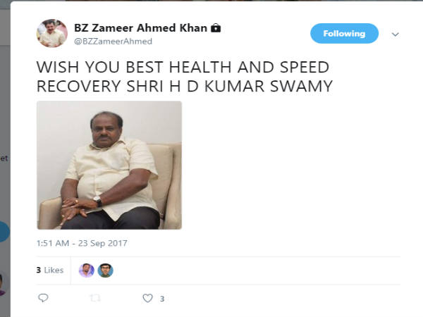 JD(S) Rebel MLA Zameer Ahmed Khan wished to HDK speed recovery on Twitter