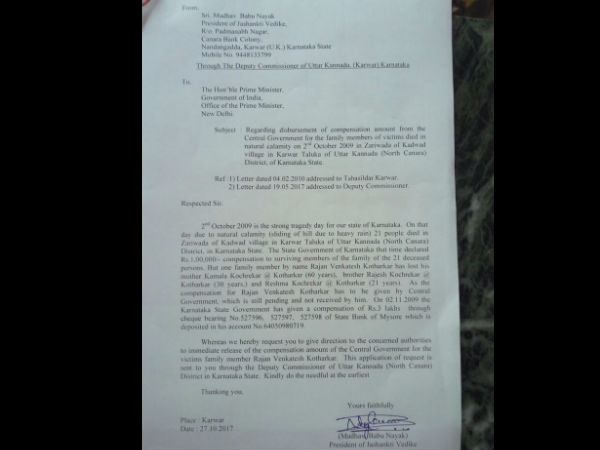 The victim of the Karwar land slide asked for a compensation with Modi