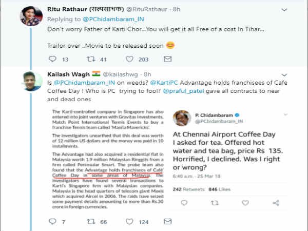 ಚಿದಂಬರಂ ಪುತ್ರ ಕಾರ್ತಿ ಕೂಡಾ ಕಾಫೀ ಡೇಯ ಪಾಲುದಾರ ಎನ್ನುವ ಟ್ವೀಟ್ 