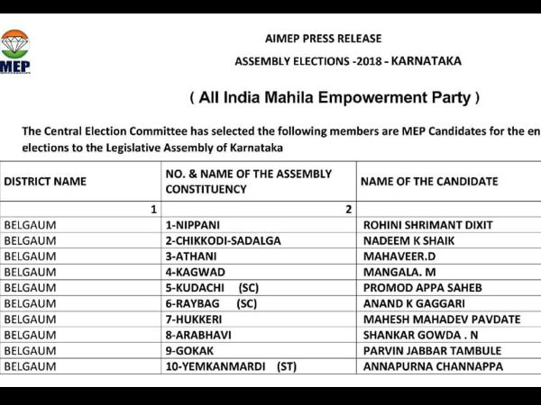 Elections 2018 : All India Mahila Empowerment Party (AIMEP) unveils first list of its candidates.
