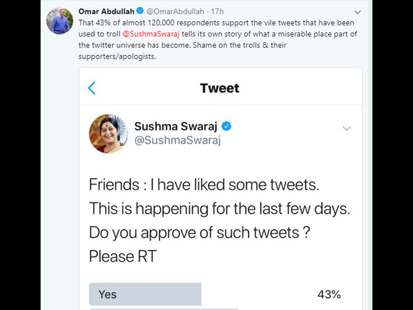 Shame on trolls and their supporters: Omar Abdullah comes out to support Sushma 