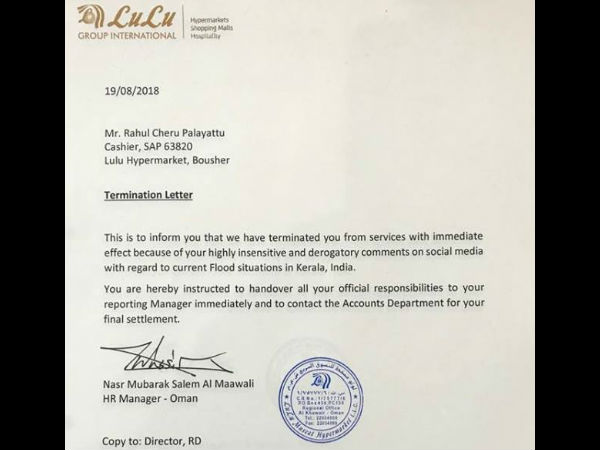 kerala man sacked by dubai firm for offensive comment on flood relief
