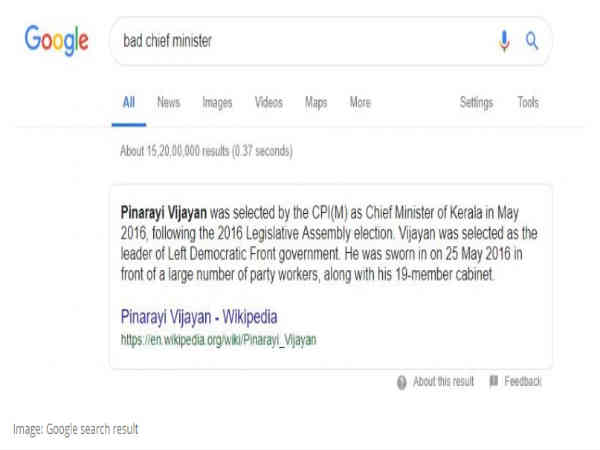 Google search result says, Kerala CM Pinarayi Vijayan is the bad CM of India Google search result says, Kerala CM Pinarayi Vijayan is the bad CM of India