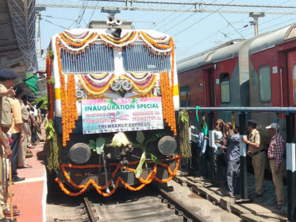 Nalin Kumar Kateel flagged off to new train in Mangaluru 