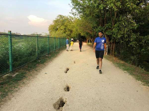 Small cracks spotted in walkers path in Kukkarahalli lake