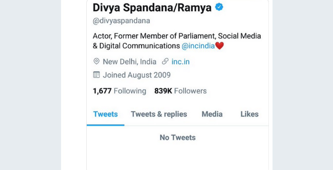 Congress Social Media wing chief Divya Spandana Tweets deleted 