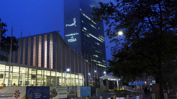 International Yoga Day: Yoga Posture light up Un headquarters