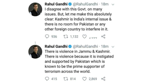 Rahul Gandhi tweet about Kashmir and Pakistan terrorism