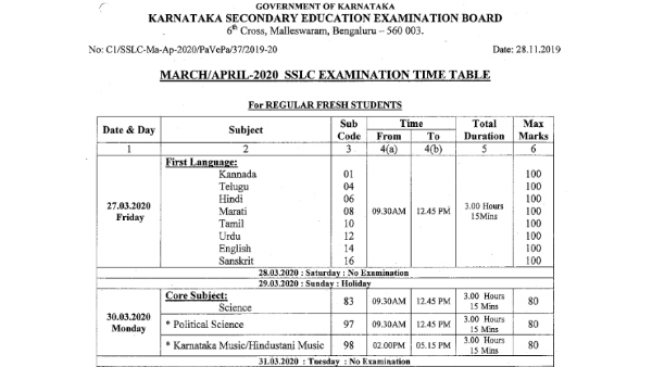 SSLC Final Time Table 2020 Released