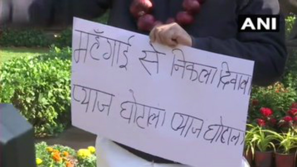 AAP MPs Hold Protest In Parliament Premises Against Rise In Onion Prices. 